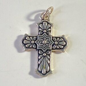 Vintage ornate silver tone cross pendant reversible floral starburst design